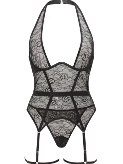 Addicted To You Lace Crotchless Cami Suspender - Black