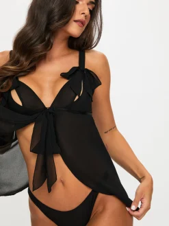 All Your Desires Crotchless Babydoll Lingerie 2 Piece Set - Black