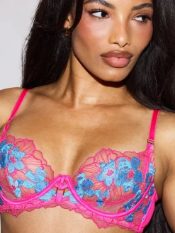 Ambitious Embroidered Non Padded Balcony Bra - Bright Pink