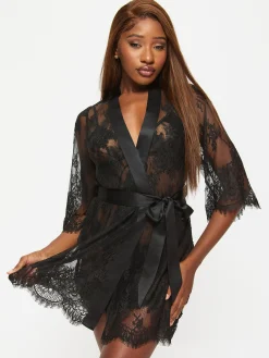 Availing All Over Lace Robe - Black