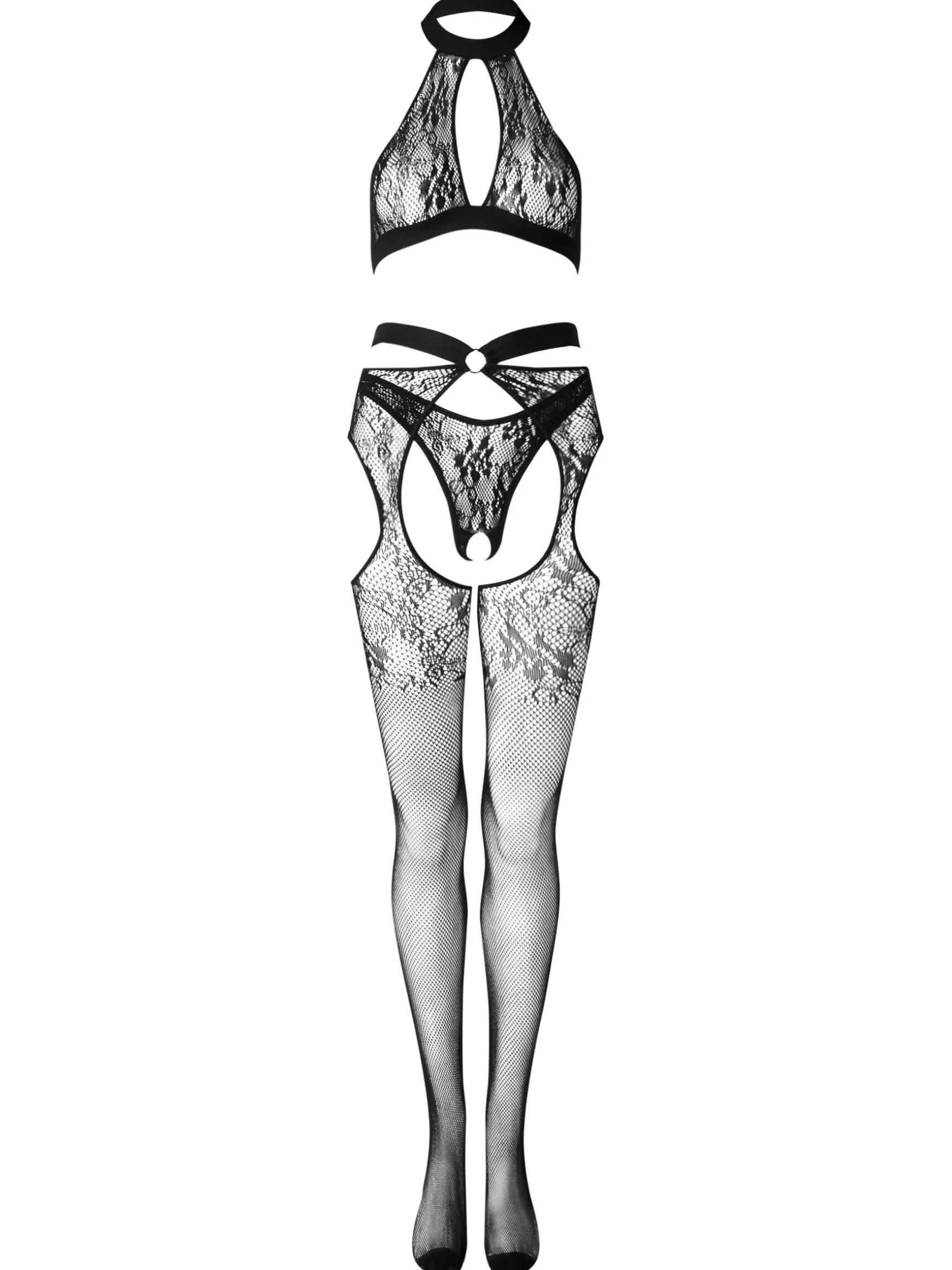 Beneath The Sheets Crotchless Bodystocking 3 Piece Set - Black
