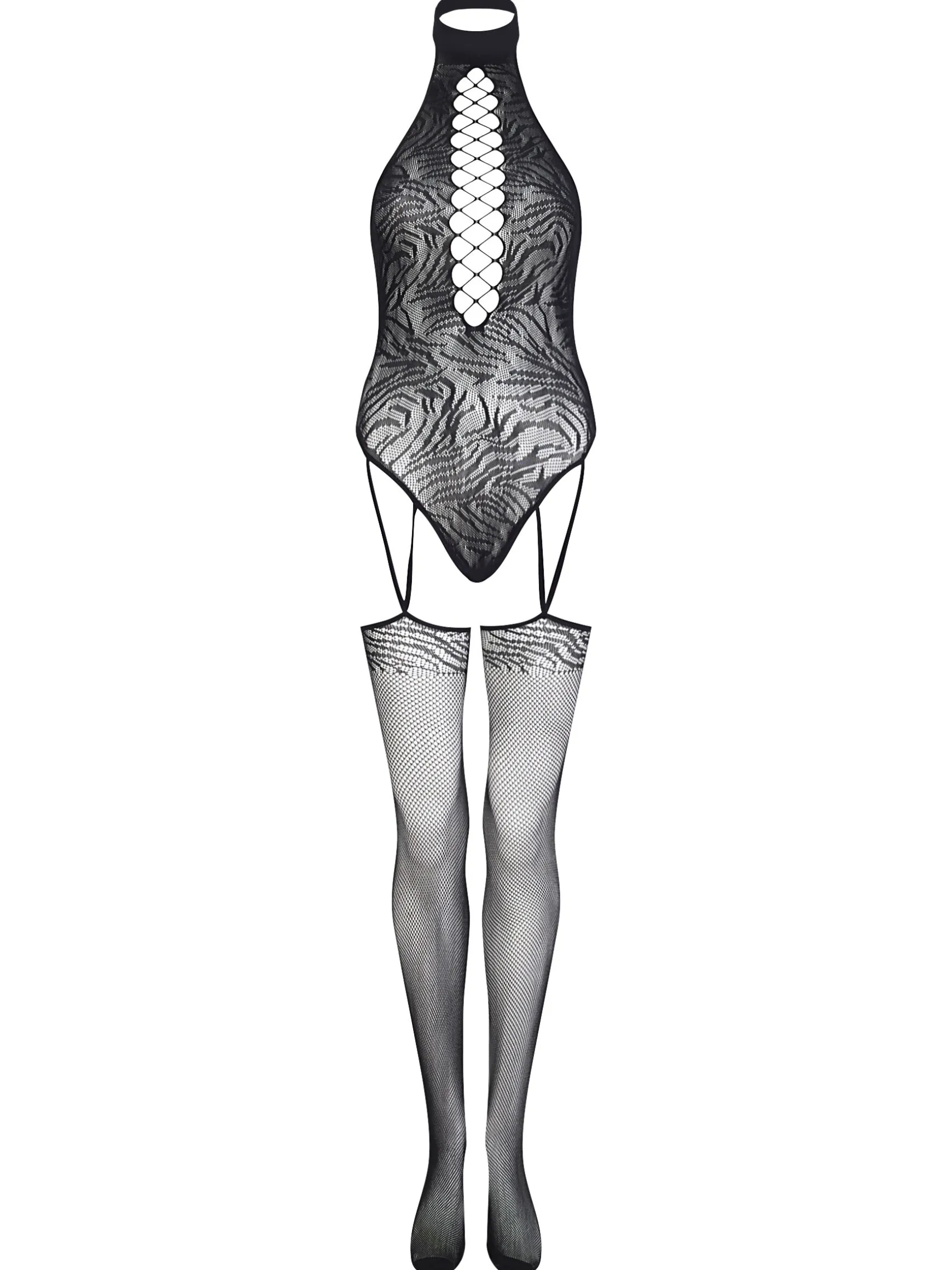 Be Wilder Zebra Print Crotchless Bodystocking - Black