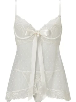 Bon Bon Flocked Heart Babydoll 2 Piece Lingerie Set - Ivory