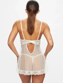 Bon Bon Flocked Heart Babydoll 2 Piece Lingerie Set - Ivory