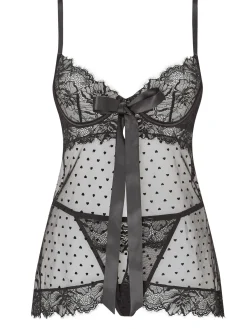 Bon Bon Flocked Heart Babydoll 2 Piece Lingerie Set - Black