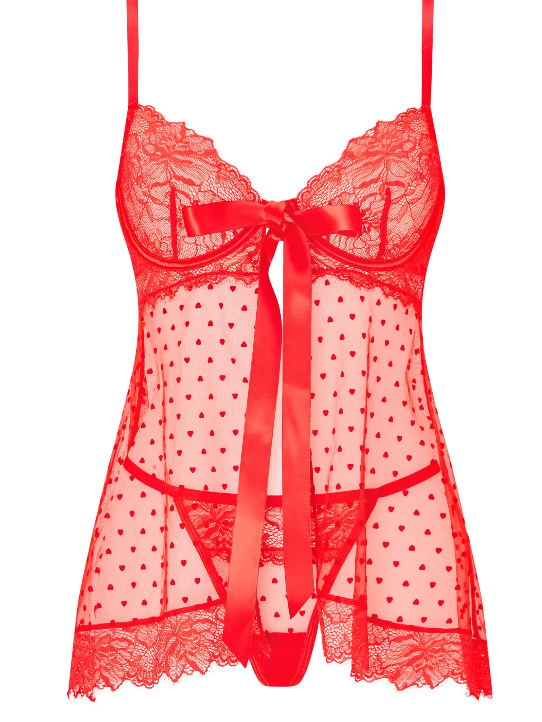 Bon Bon Flocked Heart Babydoll 2 Piece Lingerie Set - Red