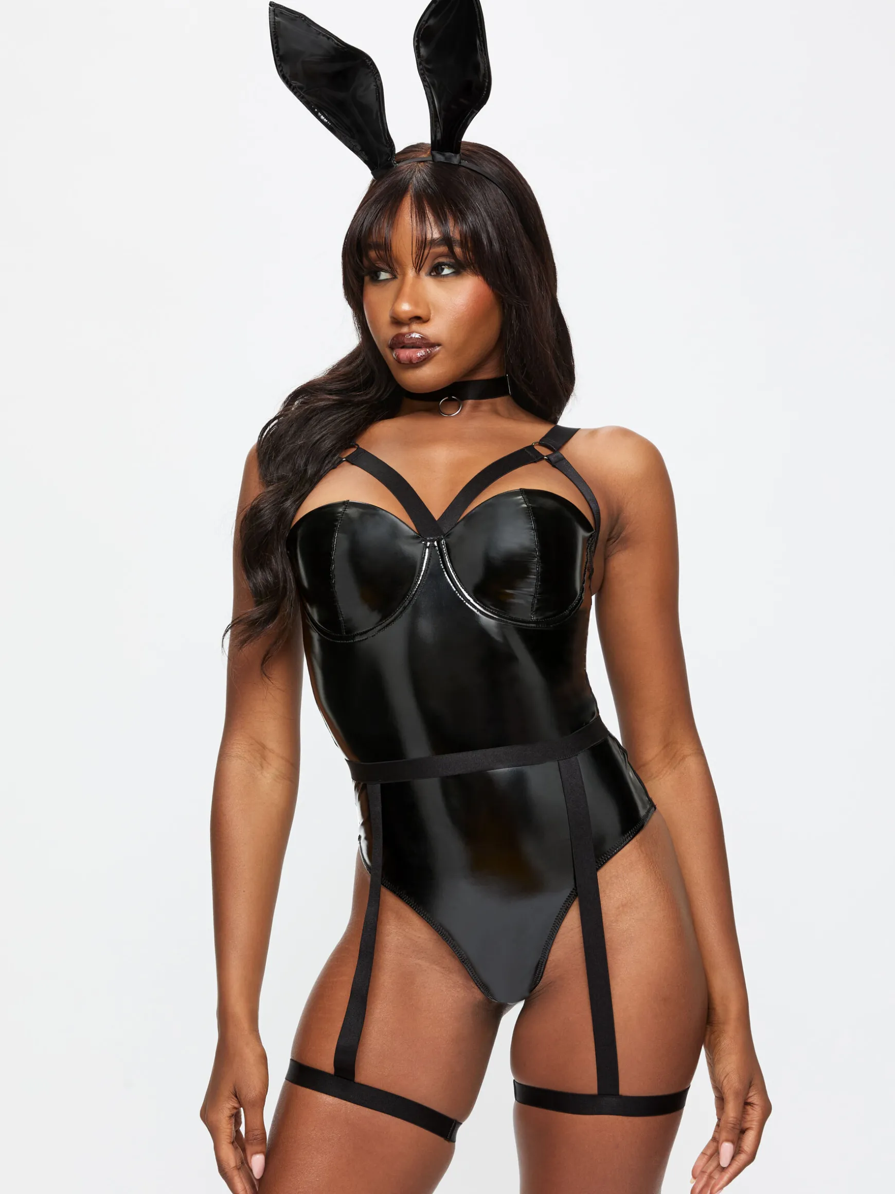 Bondage Bunny 4 Piece PU Costume with Choker & Bunny Ears - Black