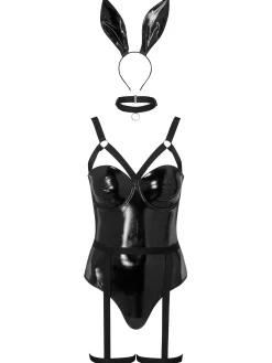 Bondage Bunny 4 Piece PU Costume with Choker & Bunny Ears - Black
