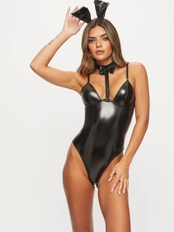 Bondage Bunny 3-Piece PU Outfit with Bunny Ears - Black