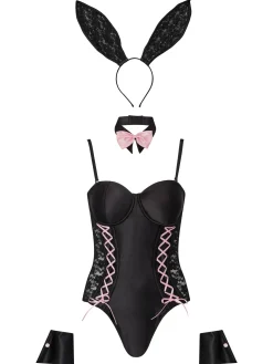 Boudoir Bunny Satin Lace 4 Piece Costume with Ears - Black