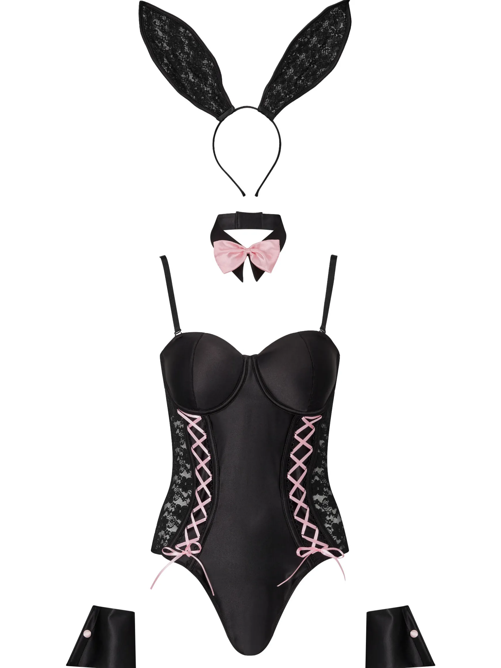 Boudoir Bunny Satin Lace 4 Piece Costume with Ears - Black