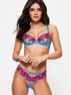 Caged Hibiscus Embroidered Non Padded Balcony Bra - Turquoise