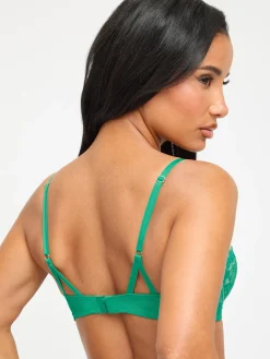Caged Lace Padded Plunge Bra - Mid Green
