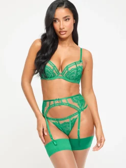 Caged Lace Padded Plunge Bra - Mid Green