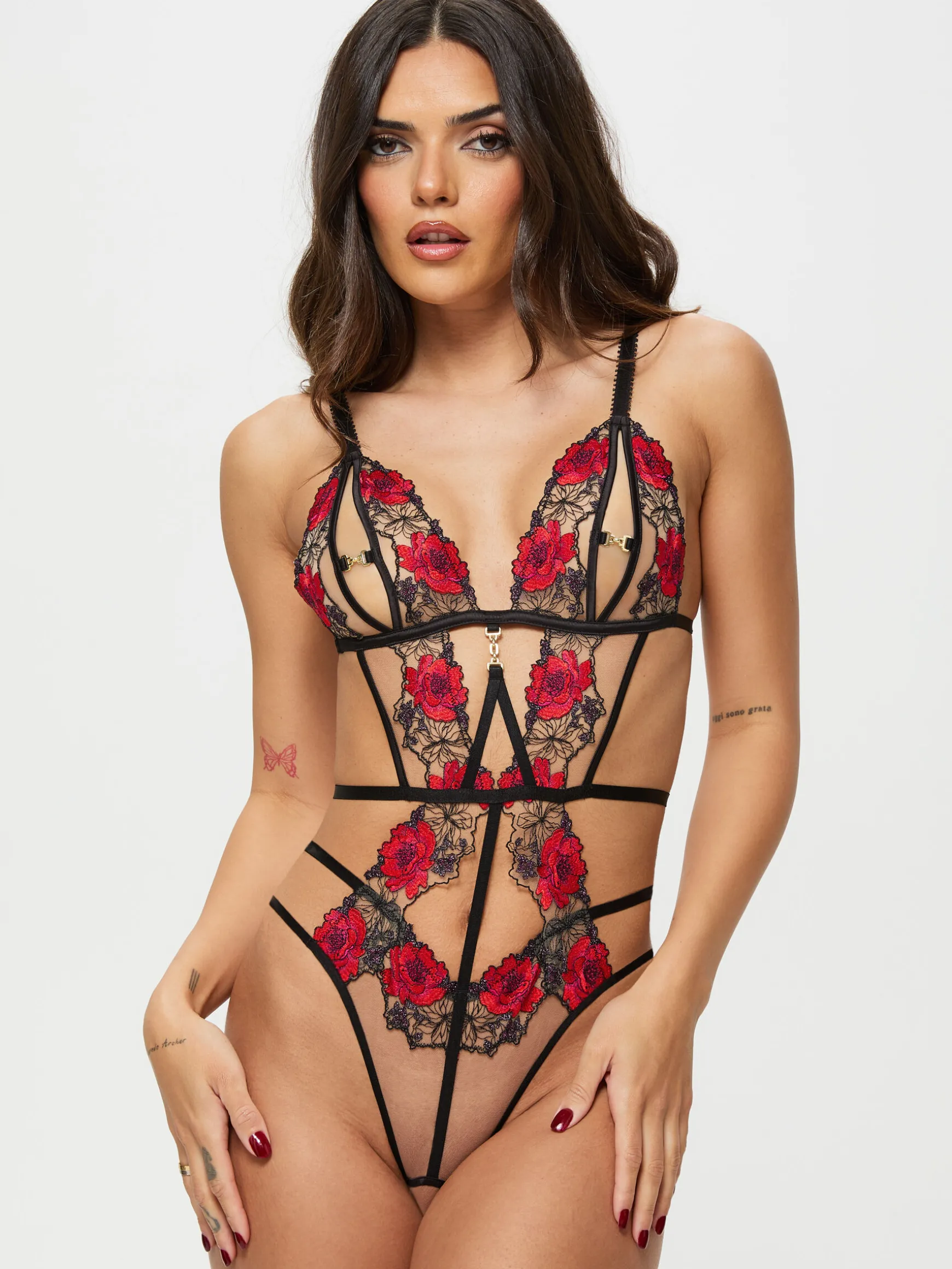 Caged Rose Crotchless Lingerie Body - Black