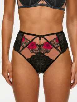 Caged Rose High Waisted Brazilian Knickers - Black/Red