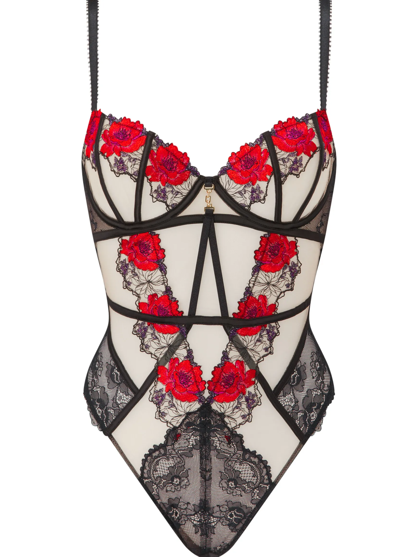 Caged Rose Non Padded Lingerie Body - Black/Red