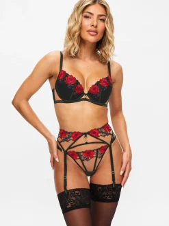 Caged Rose Padded Plunge Bra - Black/Red
