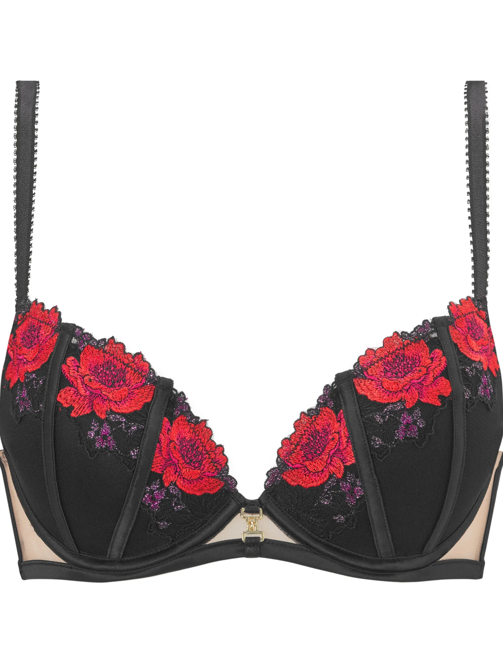 Caged Rose Padded Plunge Bra - Black/Red