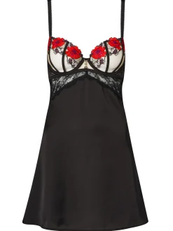 Caged Rose Satin Chemise Lingerie - Black/Red