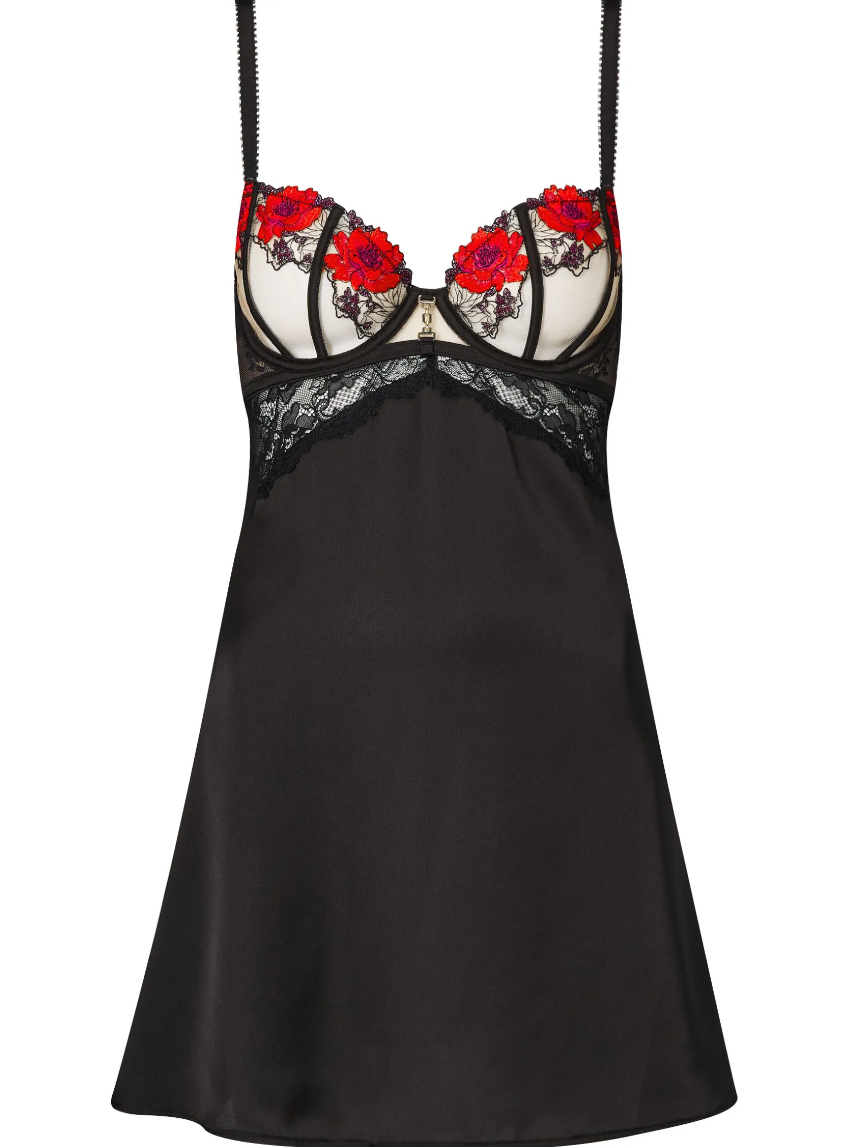 Caged Rose Satin Chemise Lingerie - Black/Red
