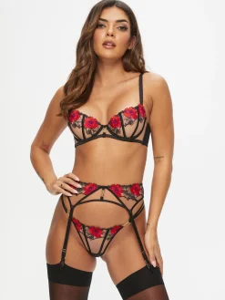 Caged Rose Suspender Belt - Black/Red