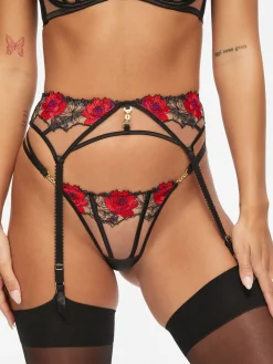 Caged Rose Suspender Belt - Black/Red
