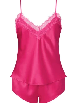 Cerise Satin Eyelash Lace Cami Top & Shorts Set - Dark Pink