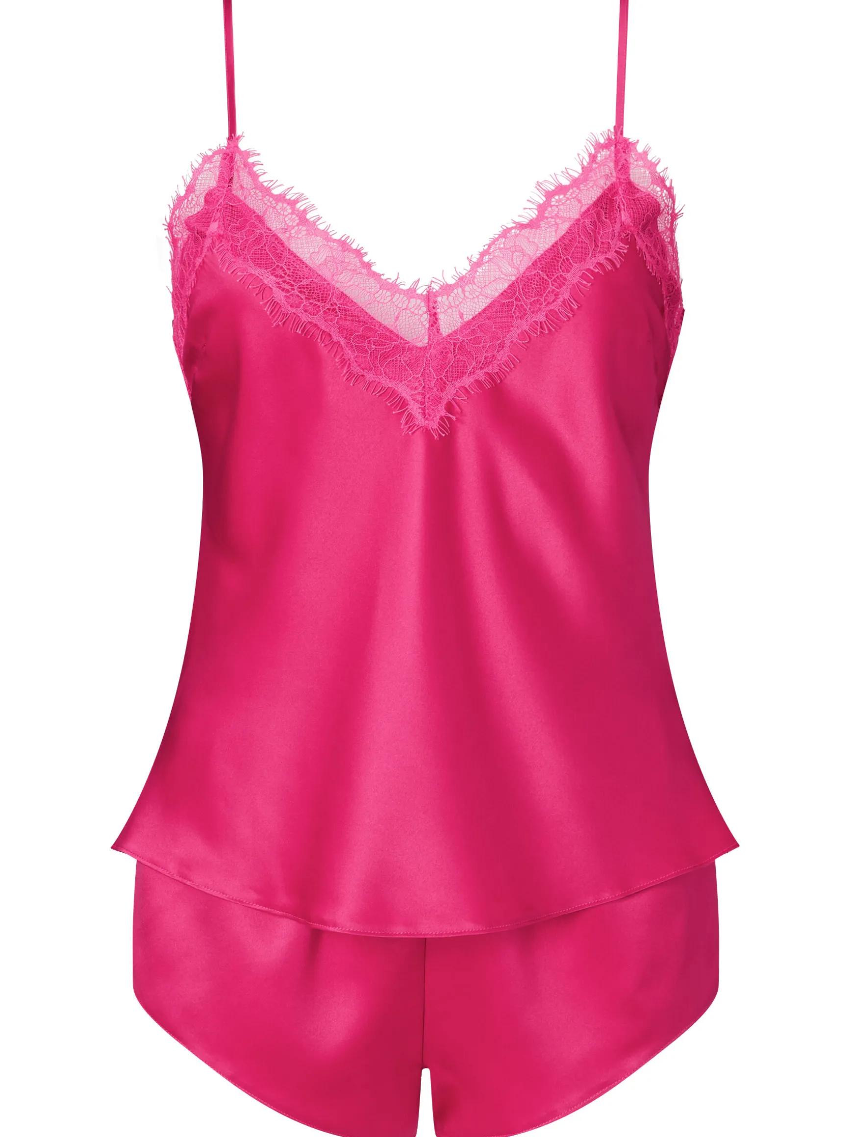 Cerise Satin Eyelash Lace Cami Top & Shorts Set - Dark Pink