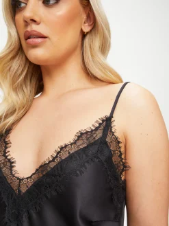 Cerise Satin Lace Cami Top & Shorts Set - Black