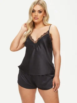 Cerise Satin Lace Cami Top & Shorts Set - Black