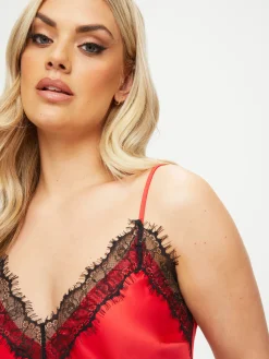Cerise Satin Lace Cami Top & Shorts Set - Red