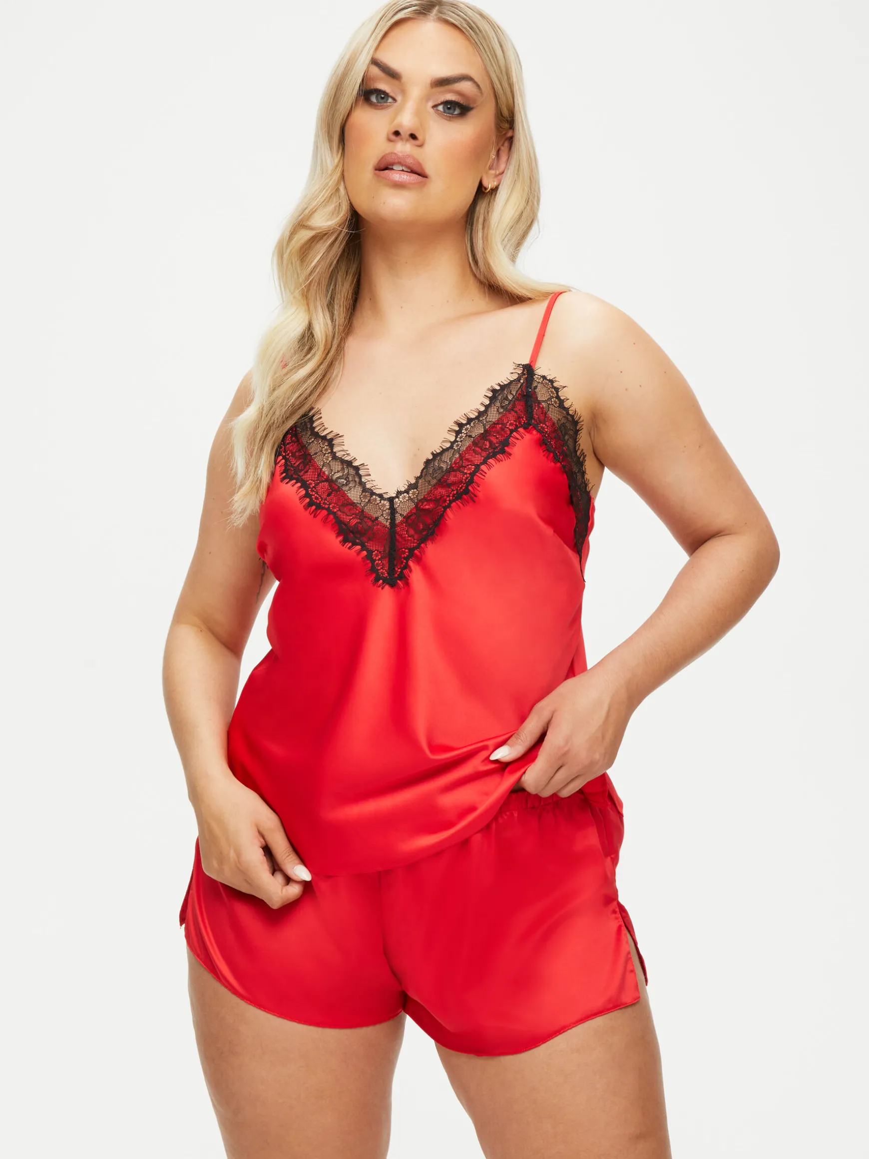 Cerise Satin Lace Cami Top & Shorts Set - Red