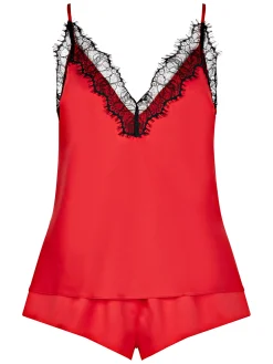 Cerise Satin Lace Cami Top & Shorts Set - Red