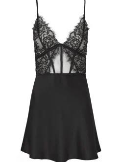 Ce Soir Satin Lace Chemise Lingerie - Black