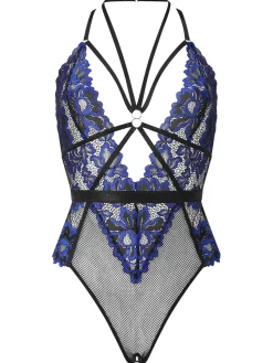 Confession Lace Crotchless Lingerie Body - Black/Blue