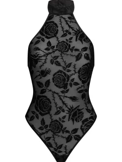 Crimson Craving Flocked Velvet Lingerie Body - Black