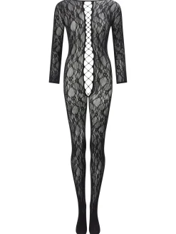 Curiosity Floral Lace Crotchless Bodystocking - Black