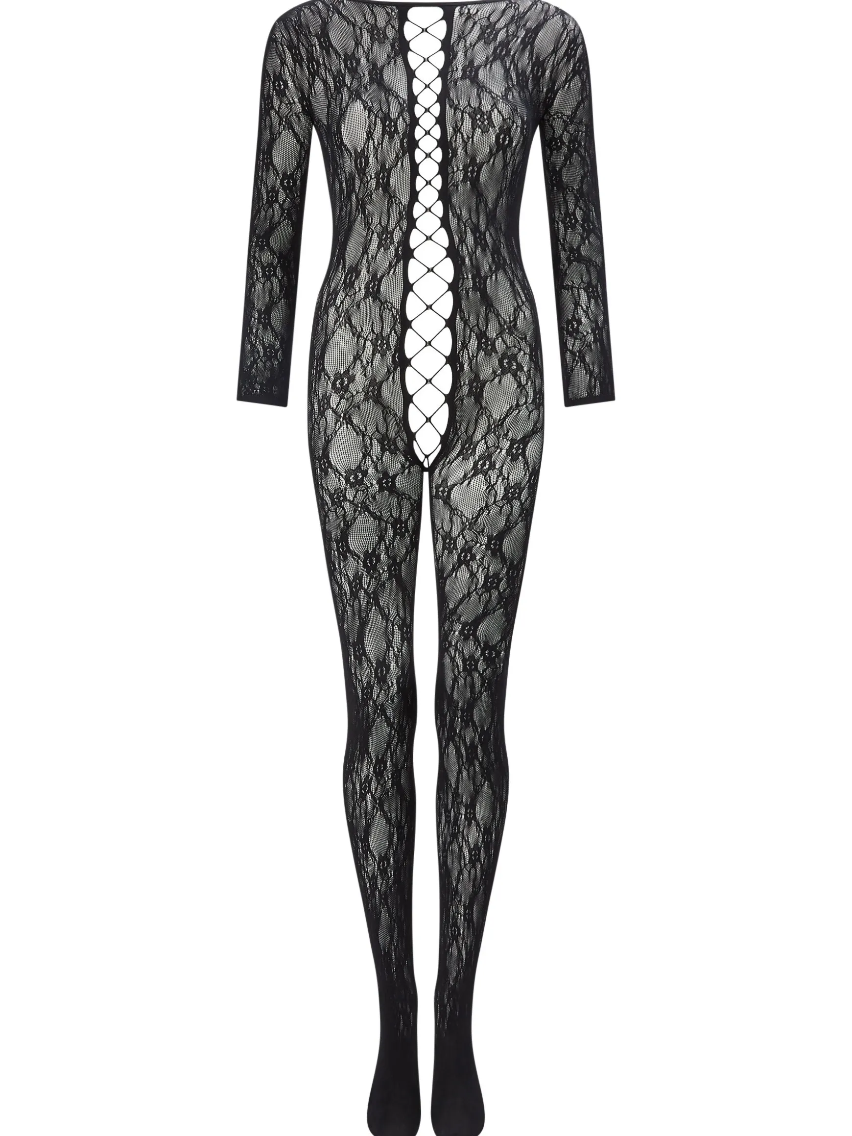 Curiosity Floral Lace Crotchless Bodystocking - Black
