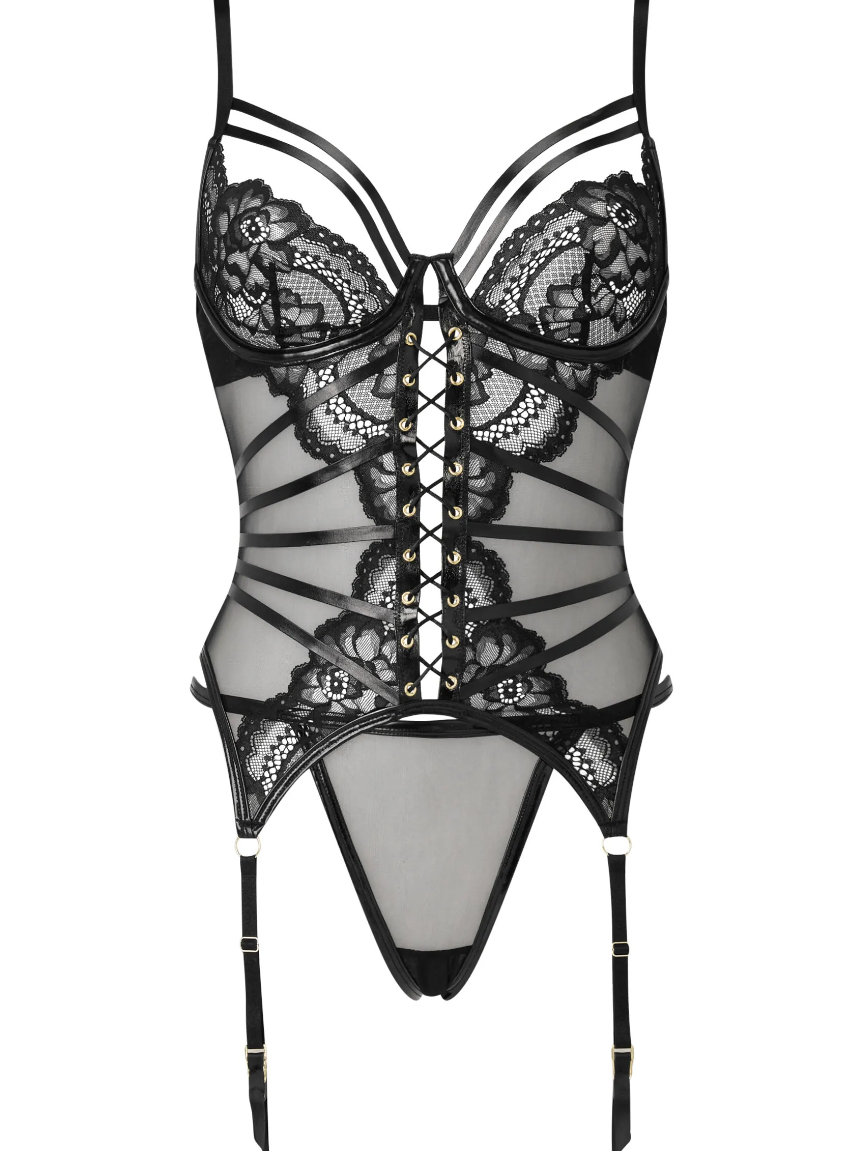 Dark Whispers Lace Crotchless Cami Suspender - Black