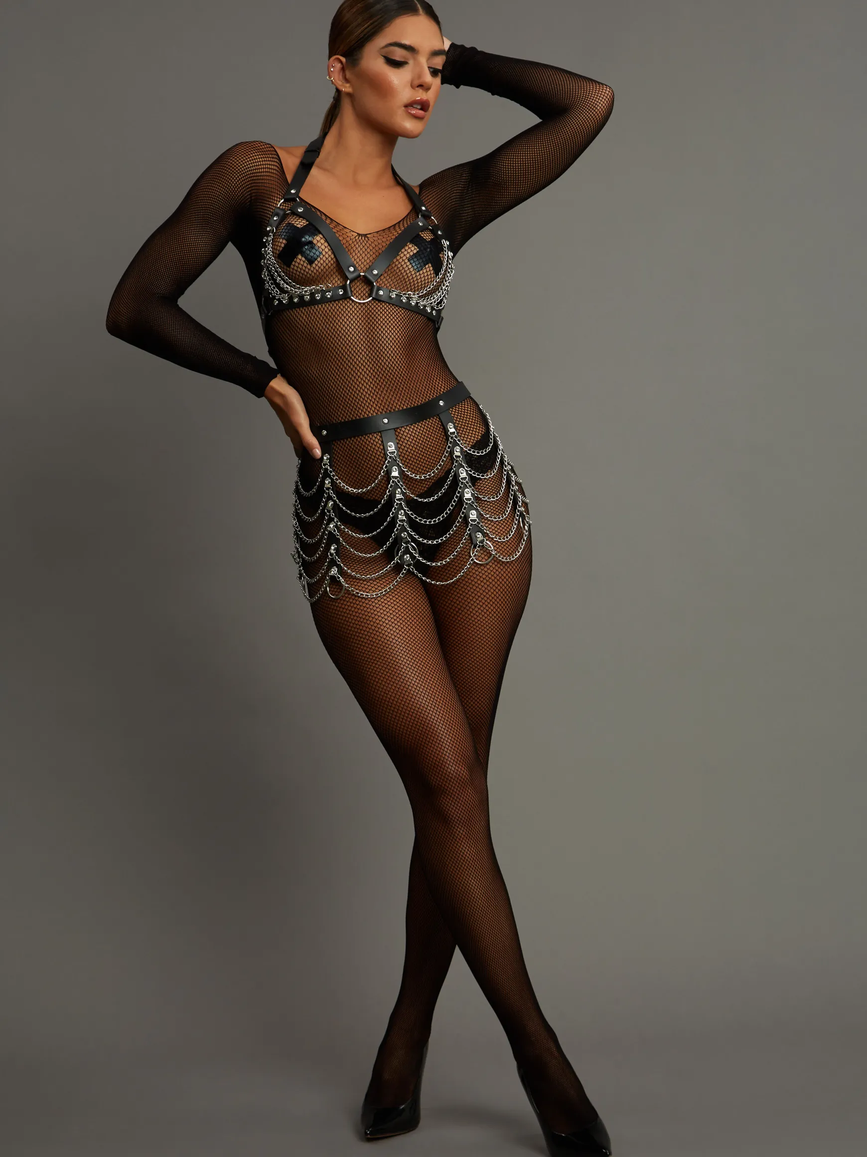 Diamante & Chain Faux Leather Bra Harness