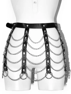 Diamante & Chain Faux Leather Skirt Harness - Black