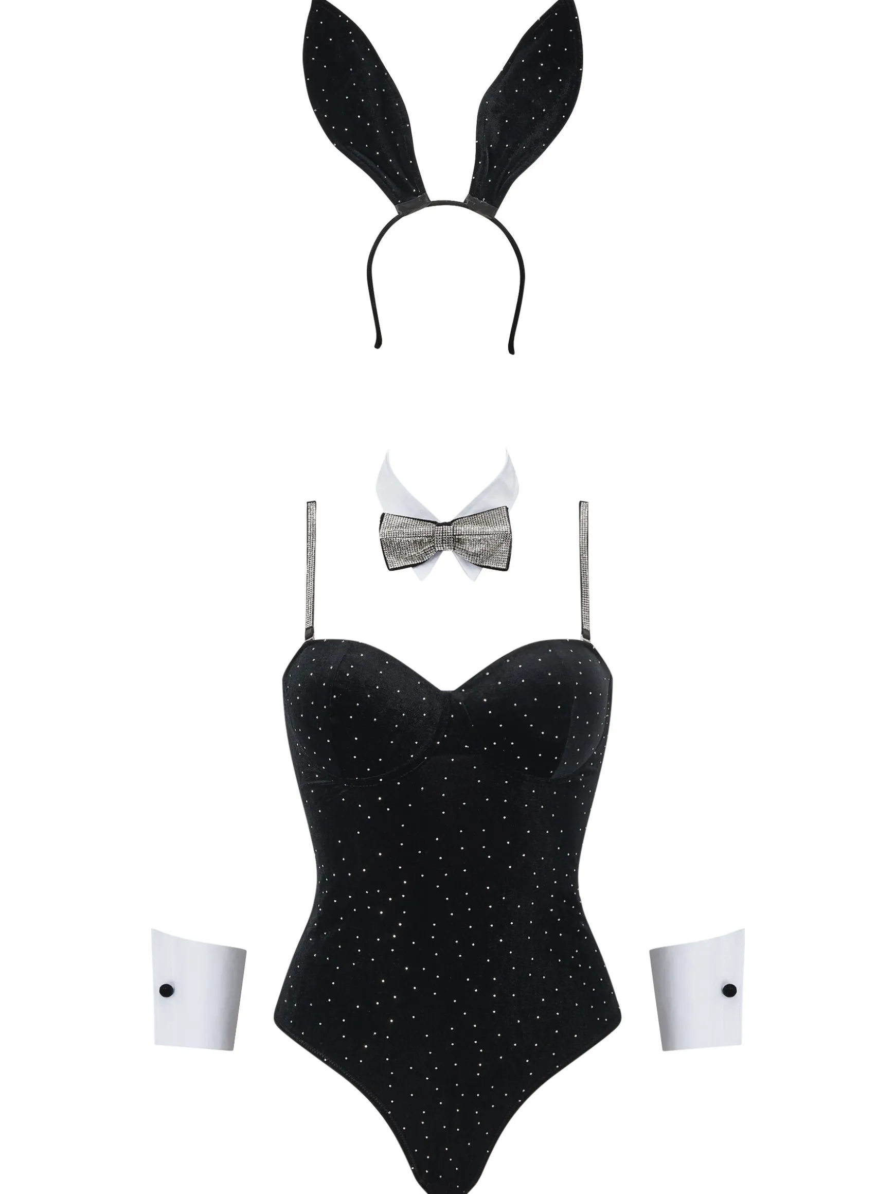 Diamante Tuxedo Bunny Velvet 4 Piece Costume with Ears - Black