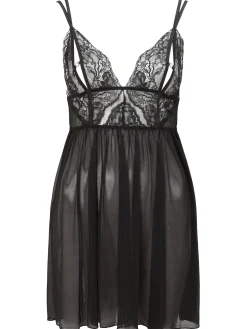 Diamond Heart Lace Peek-a-Boo Chemise Lingerie - Black