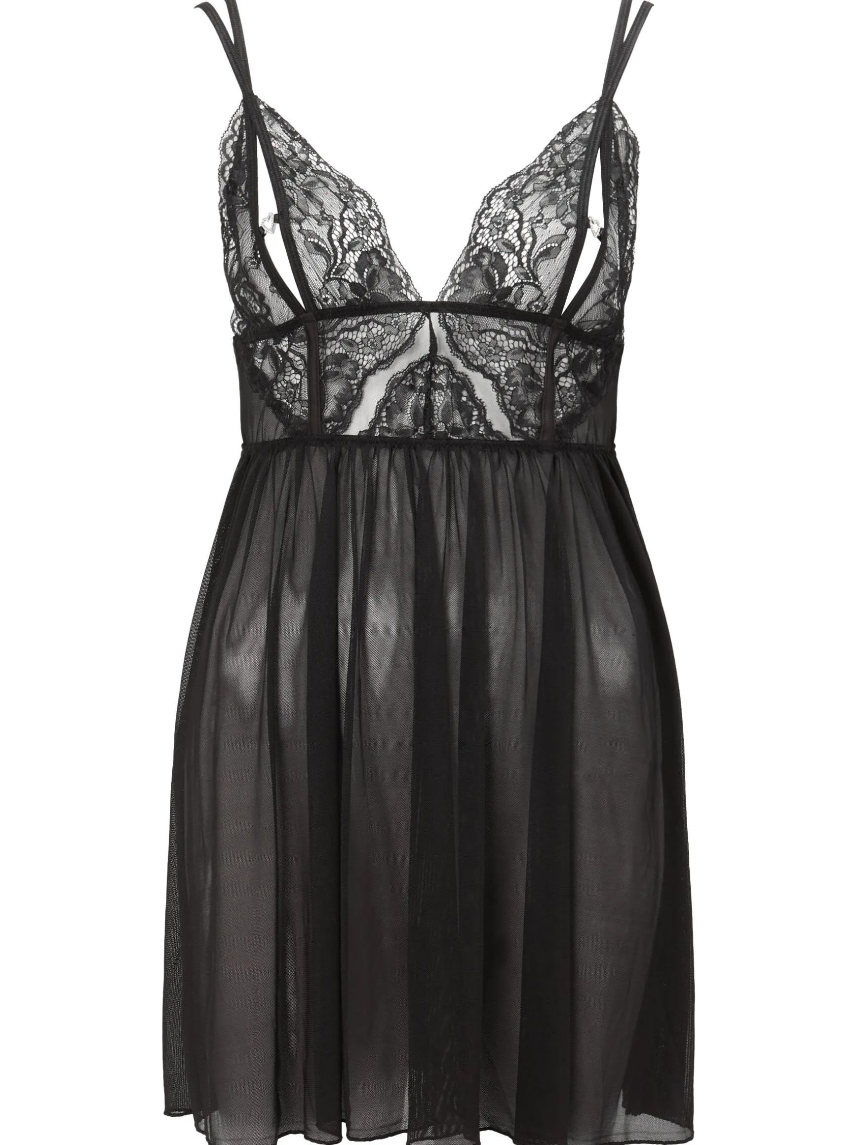 Diamond Heart Lace Peek-a-Boo Chemise Lingerie - Black