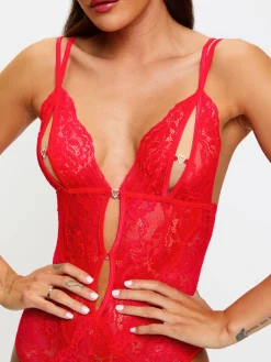 Diamond Heart Lace Peek-a-Boo Crotchless Lingerie Body - Red