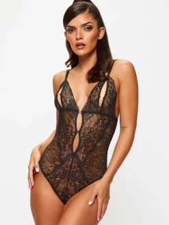 Diamond Heart Lace Peek-a-Boo Crotchless Lingerie Body - Black