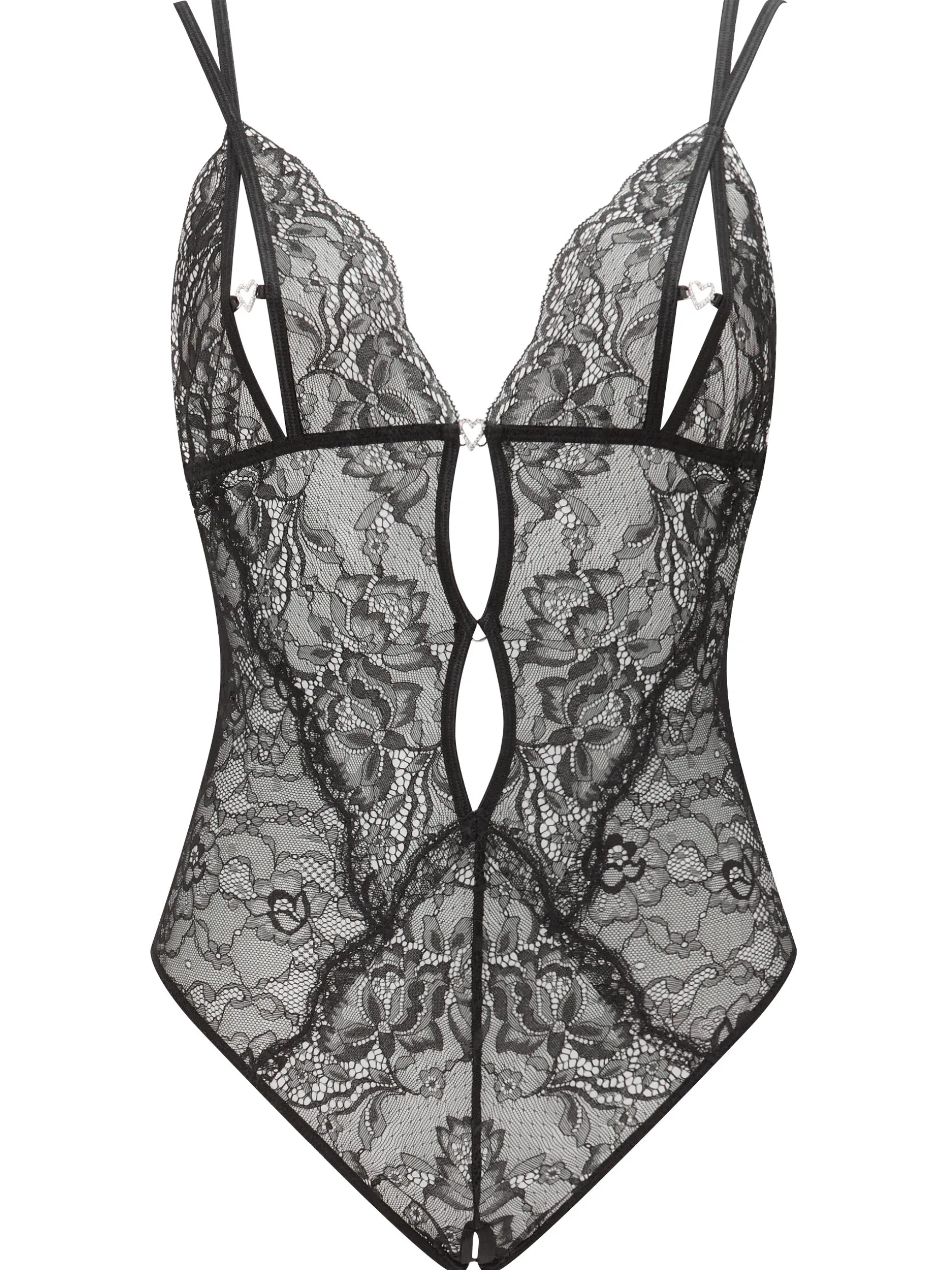 Diamond Heart Lace Peek-a-Boo Crotchless Lingerie Body - Black