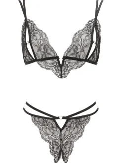 Diamond Heart Lace Peek-a-Boo Crotchless 2 Piece Set - Black