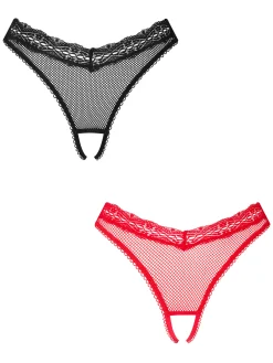 Double Date Lace Crotchless Brazilian Knickers - Pack of 2 - Black/Red